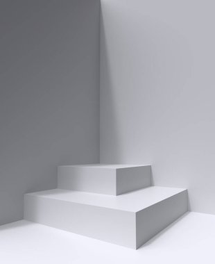Podyum merdivenleri, merdivenler, arka plan 3 boyutlu. Merdivenli beyaz podyum kaidesi ya da platform standı, ürün sergisi stüdyo odası 3 boyutlu arka plan
