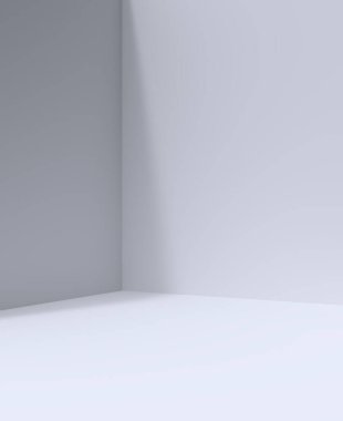 Stüdyo arka plan, beyaz gri duvarlı oda, ürün sunumu podyumu. Stüdyo odası arkaplanı veya ürün gösterimi, gri 3D arkaplan