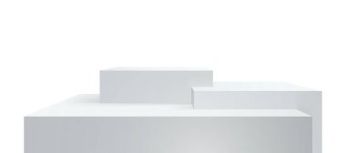 Podyum, 3D platform veya sahne arkası, ürün sergisi için kürsü. Vektör gerçekçi beyaz kare podyumlar veya sahne platformları, sunum engelleme kutuları