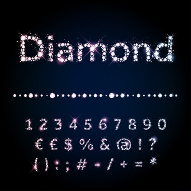 Shiny diamond font set numbers and special symbols clipart