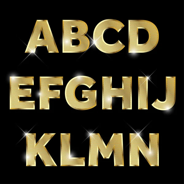 Gold glittering metal alphabet set A to N uppercase. — Stock Vector