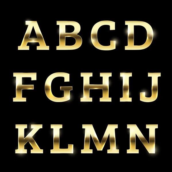 Gold glittering metal alphabet set A to N uppercase. — Stock Vector