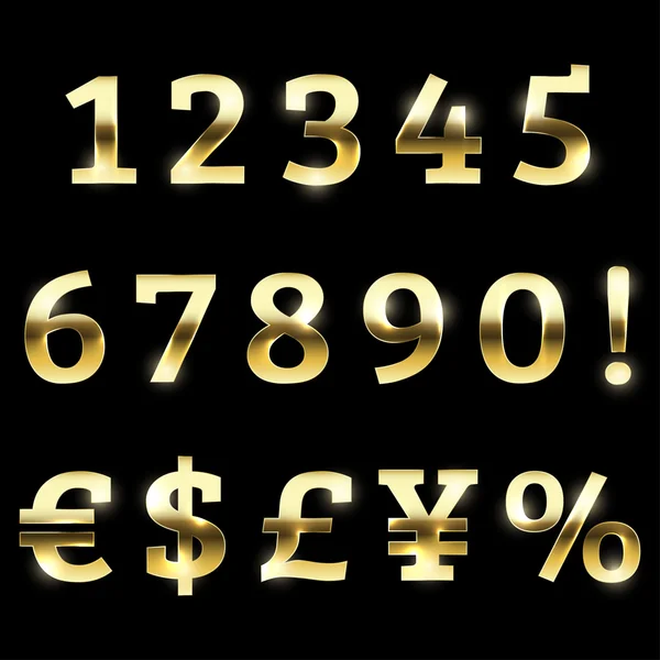 Gold glittering lettertype ingesteld valuta, getallen en speciale symbolen. — Stockvector