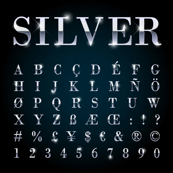 Gümüş metal yazı tipini ayarlama harf, sayı, para birimi simgeleri.