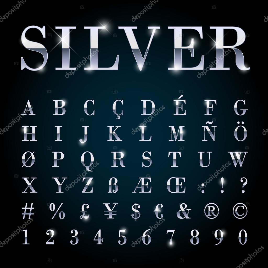 Silver Metal Font Set Letters Numbers Currency Symbols Vector Image By C Ronedale Vector Stock
