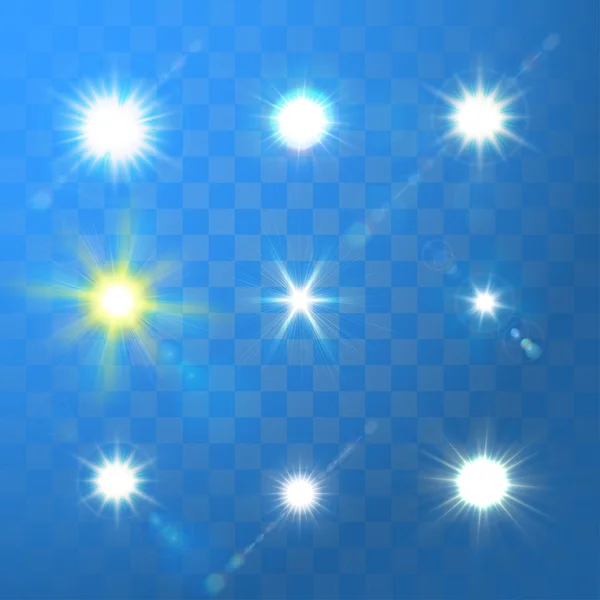 Векторные светящиеся солнечные вспышки на голубом фоне . — стоковый вектор