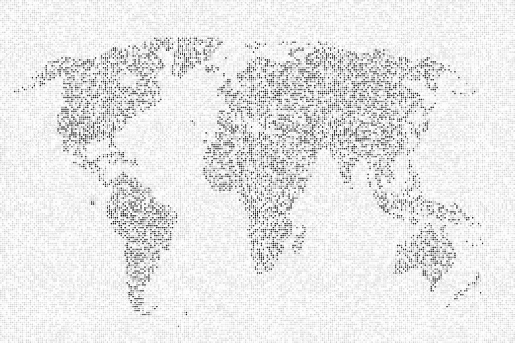 World map of glittering sequins on white background