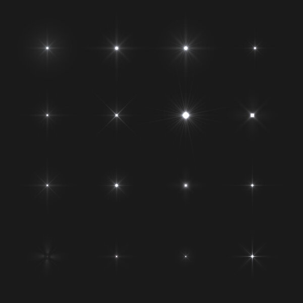 Набор векторных светящихся световых звёзд с блестками
