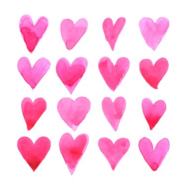 Romantik posta kartı için suluboya kalpler kümesi.