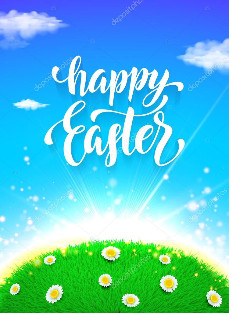 Easter poster. Spring vector illustration with grass, clouds and flowers