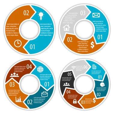 Yuvarlak Infographic diyagramı oklarla kümesi. Daireler 2, 3, 4, 6 öğeleri