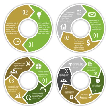 Yuvarlak Infographic diyagramı oklarla kümesi. Daireler 2, 3, 4, 6 öğeleri