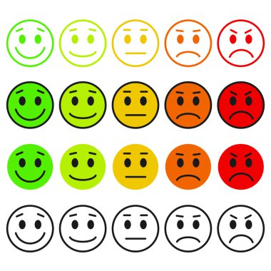 İfadeler kümesi. Emoji sırası, seviye, yük. Mükemmel, iyi, normal, kötü, çok kötü.