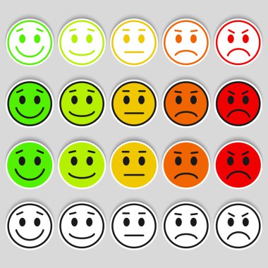 İfadeler kümesi. Emoji sırası, seviye, yük. Mükemmel, iyi, normal, kötü, çok kötü.