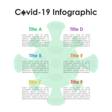 Covid-19 diyagramı. 2019-Ncov, 6 adım ya da seçeneklerle. Tıbbi sağlık hizmeti konsepti, koronavirüs sunum şablonu kullanılabilir. Vektör BilgisiName.