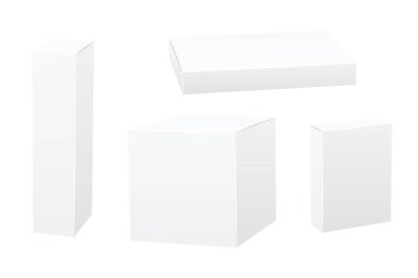 Beyaz kutu modeli seti. Kozmetik ürün paketi maketi. Vektör 3 boyutlu illüstrasyon izole edilmiş beyaz arkaplan.