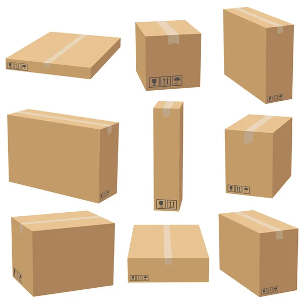 Conjunto Cajas Cartón Maquetas Caja Embalaje Entrega Cartón Ilustración Vectorial — Vector de stock