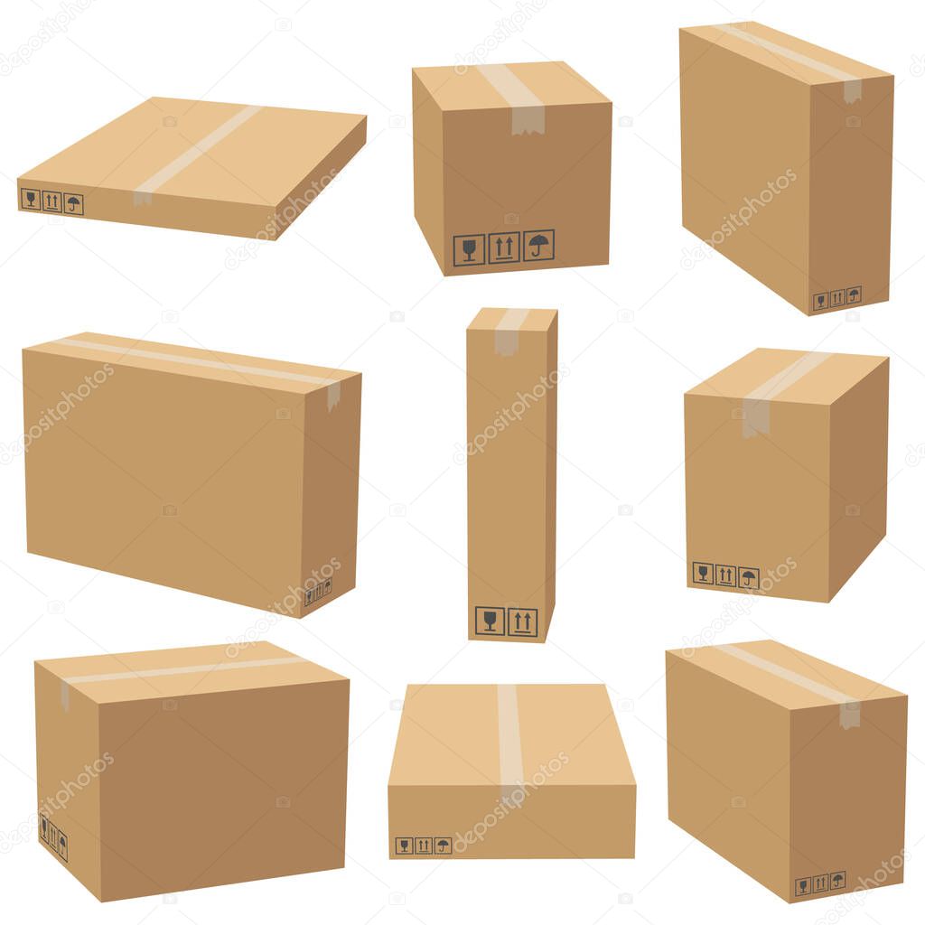 Set of cardboard boxes mockups. Carton delivery packaging box. Vector 3D illustration isolated white background.