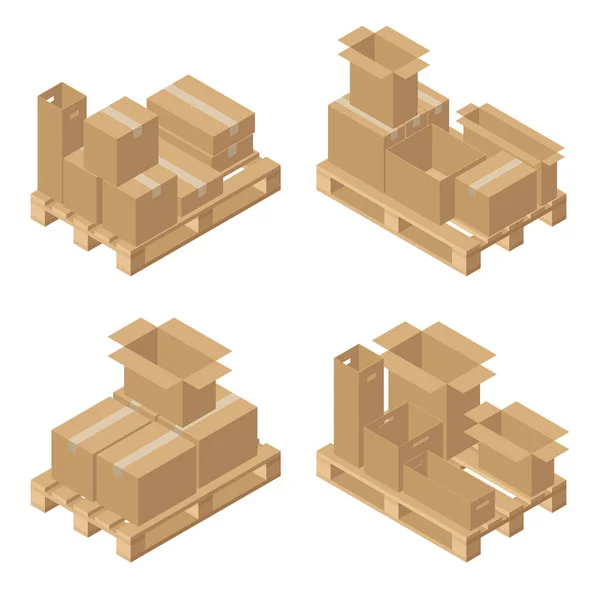 Isometrische Kartons Auf Holzpaletten Frachtkiste Vereinzelt Auf Weißem Hintergrund Vektorillustration — Stockvektor