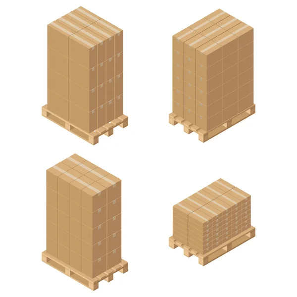Isometrische Kartons Auf Holzpaletten Frachtkiste Vereinzelt Auf Weißem Hintergrund Vektorillustration — Stockvektor