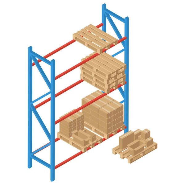 Isometric Racks Pallet Box Vector Warehouse Shelving Isolated White Background — Stock Vector