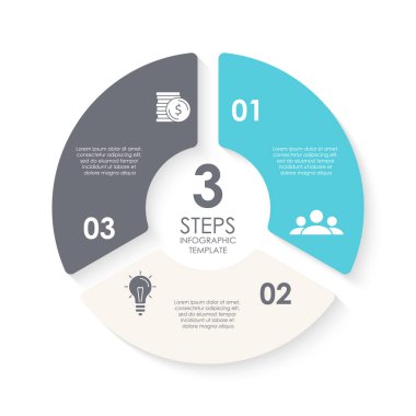 Yuvarlak diyagram, grafik, web tasarımı için vektör çember bilgi şablonu. 3 aşamalı iş konsepti, seçenekler veya süreçler. Beyaz arkaplanda izole.