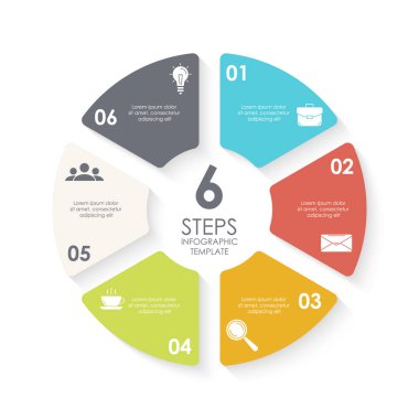 Yuvarlak diyagram, grafik, web tasarımı için vektör çember bilgi şablonu. 6 aşamalı iş konsepti, seçenekler veya süreçler. Beyaz arkaplanda izole.