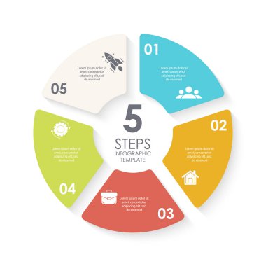 Yuvarlak diyagram, grafik, web tasarımı için vektör çember bilgi şablonu. 5 aşamalı iş konsepti, seçenekler veya süreçler. Beyaz arkaplanda izole.