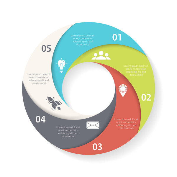 Инфографический шаблон векторного круга для круглой диаграммы, графика, веб-дизайна. Бизнес-концепция с 5 шагами, опциями или процессами. Изолированный на белом фоне.