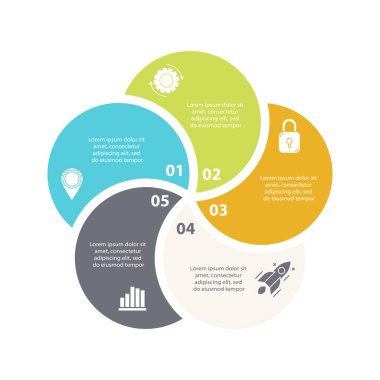 5 aşamalı vektör bilgisi, seçenekler veya işlemler. Şablon, grafik, iş akışı, web tasarımı. Beyaz arkaplanda iş kavramı izole edildi.