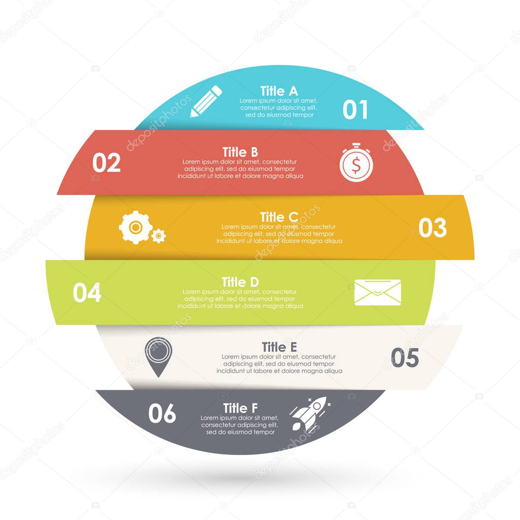 Vector infographic with 6 steps, options or processes. Template for diagram, graph, workflow, web design. Business concept isolated on white background.