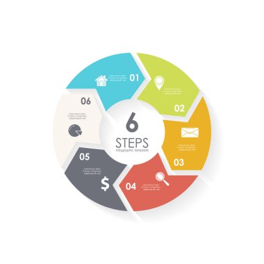 Döngü diyagramı, grafik, web tasarımı ve grafikleri için oklu vektör çember bilgi şablonu. 6 aşamalı, parçalı ya da seçenekli iş konsepti. Soyut arkaplan.