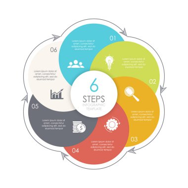 6 seçenek, element veya basamaklı çember bilgi şablonu. Sunumlar, planlar, raporlar ve yuvarlak diyagram için iş konsepti. Vektör illüstrasyonu