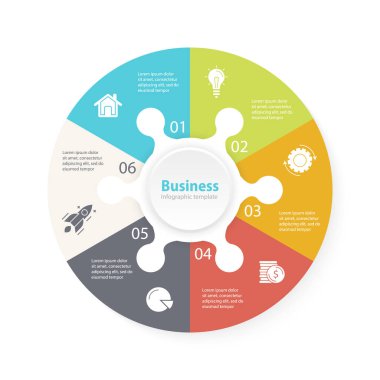 Döngü diyagramı, grafik, web tasarımı, sunum ve yuvarlak grafik için daire bulmaca bilgi şablonu. 6 aşamalı bulmaca işi konsepti, seçenekler veya süreçler. Vektör soyut arkaplanı.