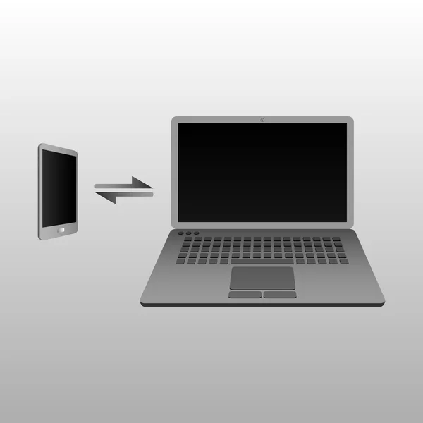 El concepto de transmisión de datos entre dispositivos. Portátil y teléfono — Archivo Imágenes Vectoriales