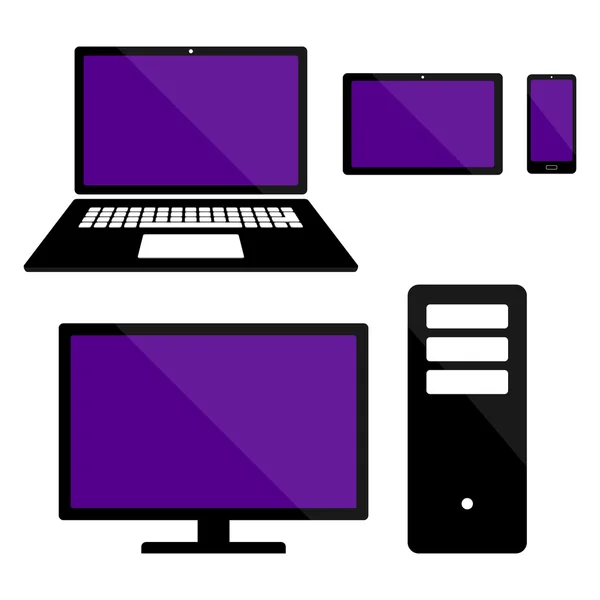 Ηλεκτρονικές συσκευές που απομονώνονται σε λευκό φόντο. Τα κινητά, δισκία, οθόνη υπολογιστή, φορητό υπολογιστή — Διανυσματικό Αρχείο