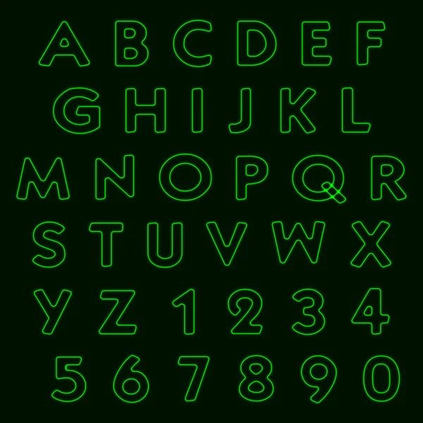 Alfabeto de luz de neón, letras y números — Vector de stock