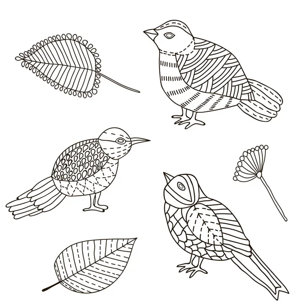 Птицы, листья, рисунок вручную, набор — стоковый вектор
