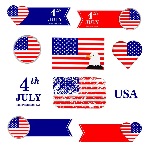 Conjunto de símbolos americanos. Día de la Independencia. 4 de julio. Bandera de USA . — Vector de stock