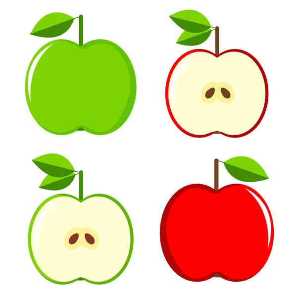 Conjunto de manzanas verdes y rojas: fruta entera y media — Vector de stock