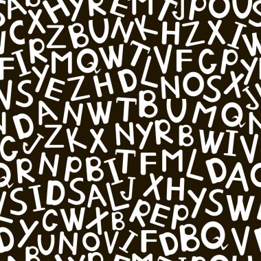 Siyah zemin üzerine beyaz doodle alfabe. Harfler sorunsuz