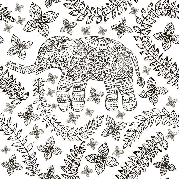 Elefante dibujado a mano con patrón de garabato floral étnico. Colorear — Vector de stock