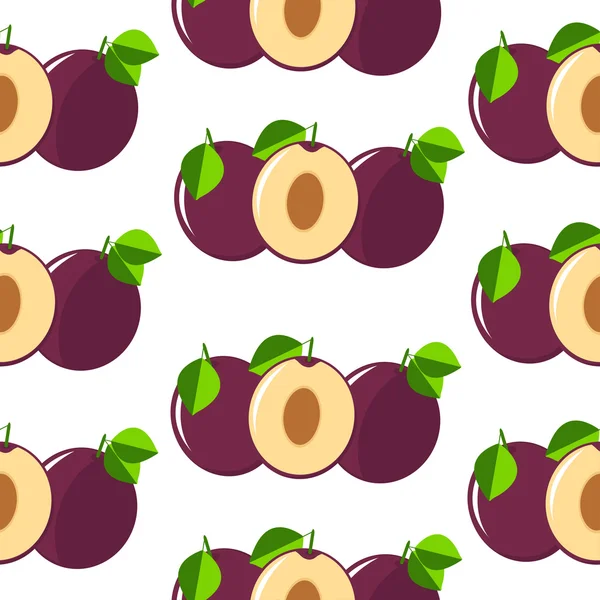 Prunes motif sans couture. Fruits colorés sur fond blanc — Image vectorielle