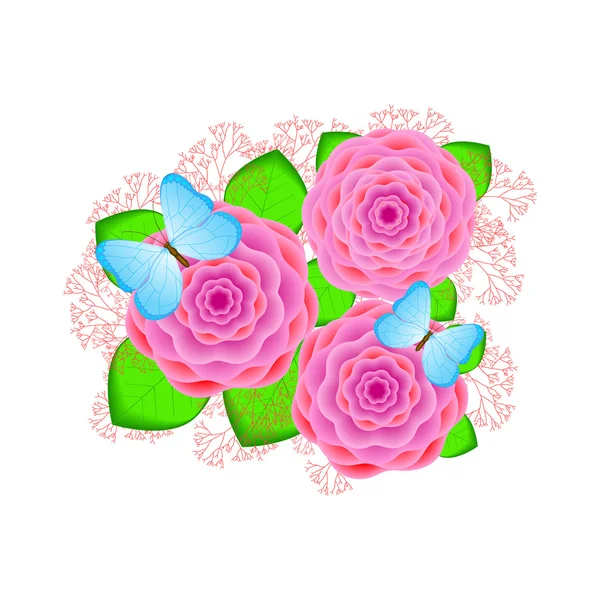 Fleurs roses créatives avec les papillons et les branches sur le — Image vectorielle