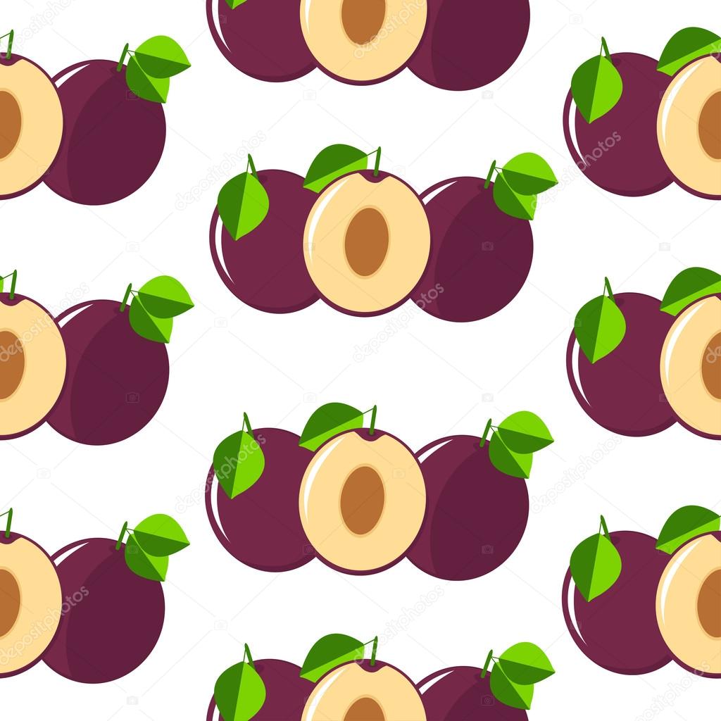 Modello senza cuciture di prugne Frutti colorati su fondo bianco — Vettoriale Stock