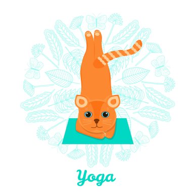 Komik kırmızı kedi yoga konumda oturur. Yaprakları kökenli 