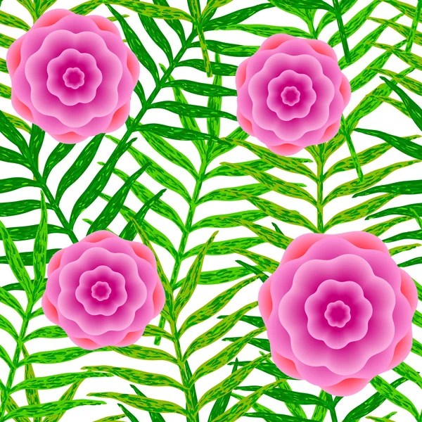 Patrón sin costura vectorial de hojas verdes y flores rosadas en th — Vector de stock
