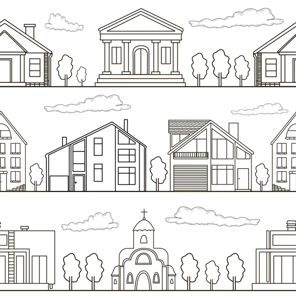 Seamless pattern. Buildings and trees from black lines on the wh — Stock Vector