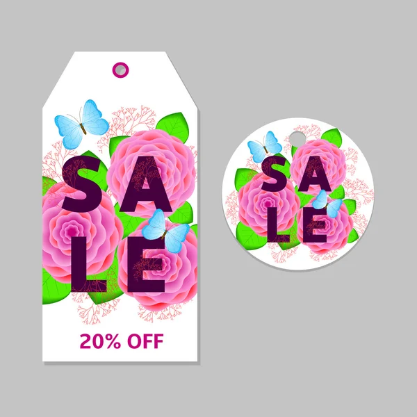 Florale Verkaufsetiketten, Etiketten mit rosa Blüten, grünen Blättern und blu — Stockvektor