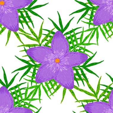 Vektör seamless modeli yeşil yaprakları ve mor çiçekler 